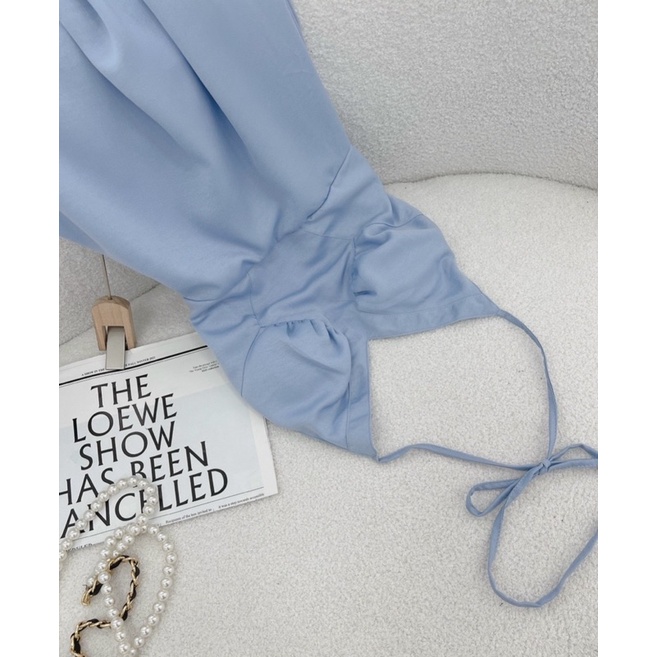 ĐẦM MIDI XANH CỔ V DÂY YẾM