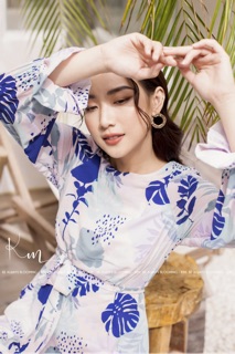 Đầm tay dài hoạ tiết nhiệt đới