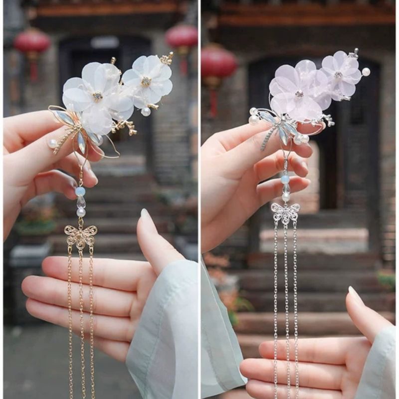 Kẹp tóc cổ trang chuồn chuồn hoa mai đính sợi tua rua dài nữ tính cô gái cổ phong