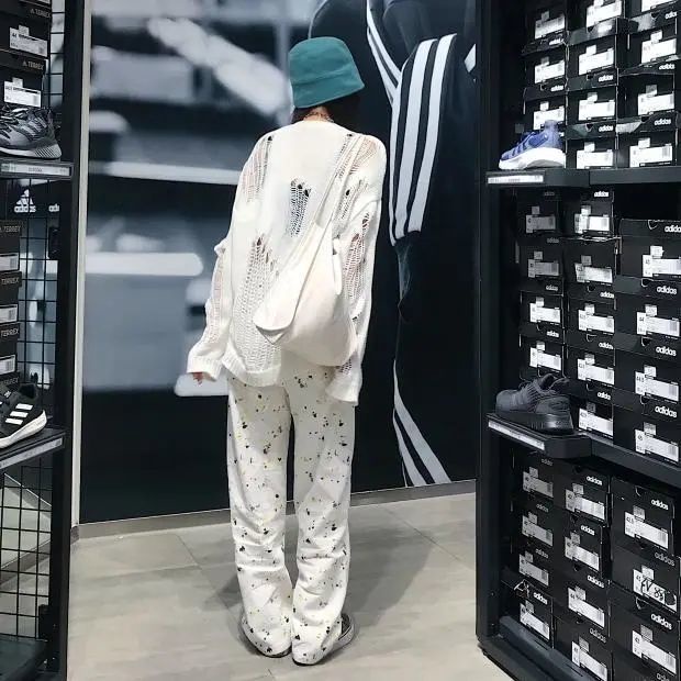 Jiashucheng Quần Denim Lưng Cao Dáng Suông Rộng In Họa Tiết Màu Nhuộm Graffiti Cá Tính