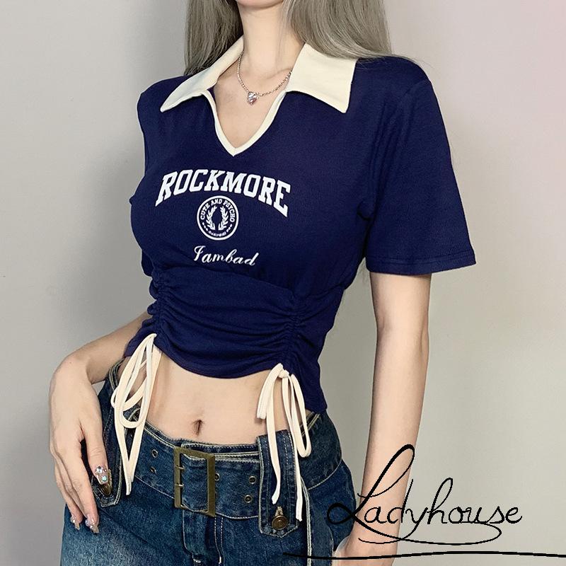 Áo Thun Croptop Tay Ngắn Cổ Chữ V Phối Dây Rút Thời Trang Mùa Hè Cho Nữ
