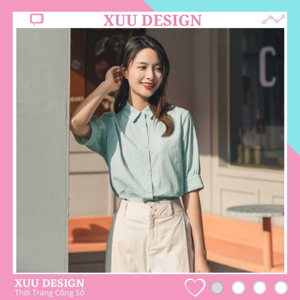 Áo Sơ Mi Nữ tay bồng Xuu Design 💖 Freeship 💖 Sơ mi kiểu nữ cổ đức [SP33 xanh lá]