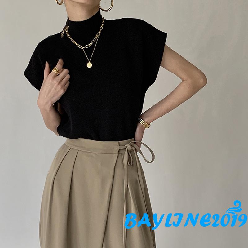 Áo dệt kim sát nách dáng rộng màu sắc thanh lịch cho nữ