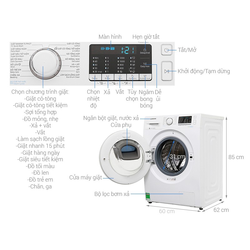 Máy giặt Samsung AddWash Inverter 8 kg WW80K52E0WW/SV