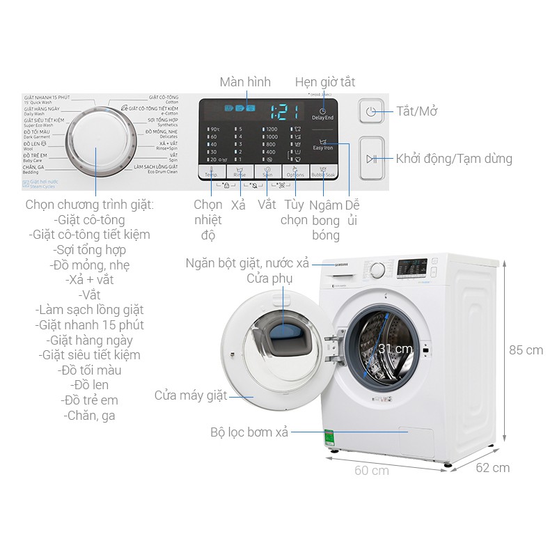 [Mã ELSS300 giảm 5% đơn 500K] Miễn phí công lắp đặt_Máy giặt Samsung AddWash Inverter 8 kg WW80K52E0WW/SV