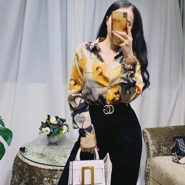 Áo sơmi lụa hoa cúc vàng cao cấp