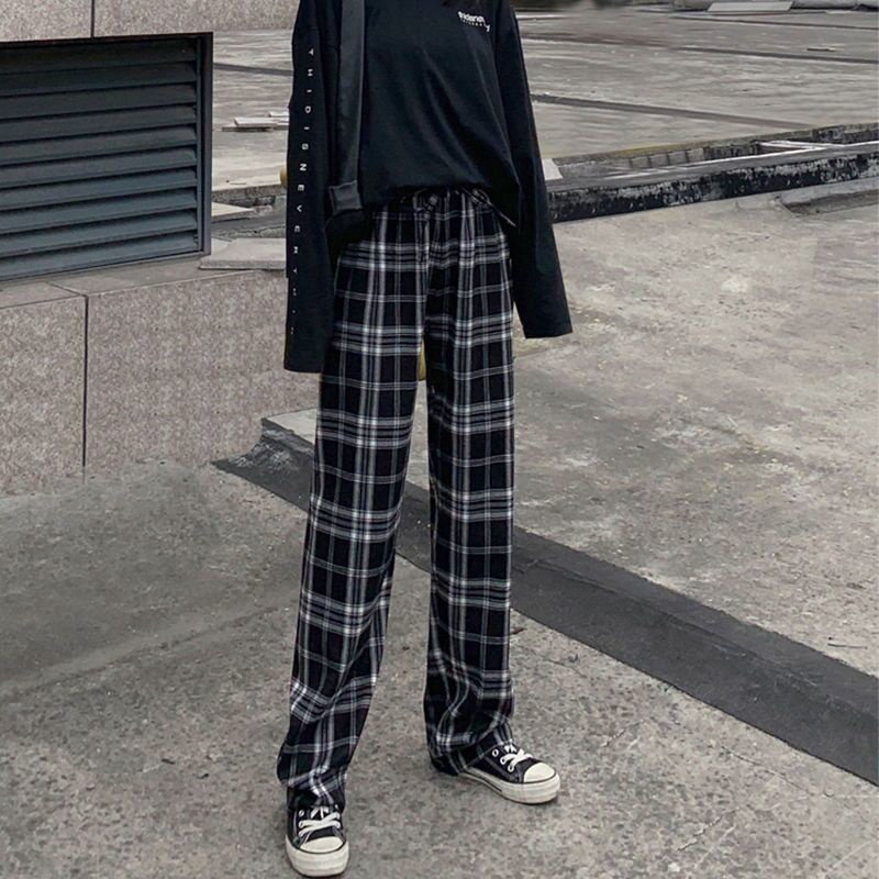 Plaid Wide Leg Pants Women Summer 2021 New High Waist Loose Straight Leg Pants Casual Pants