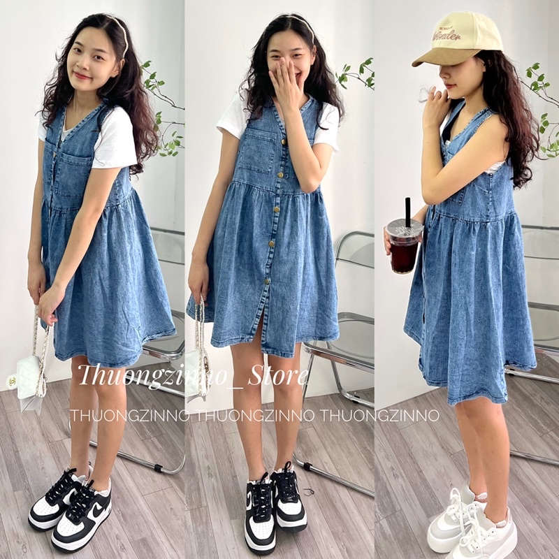 [Ảnh thật/Video]Váy Denim sát nách Dáng Rộng Phong Cách Cổ Điển Váy bò không tay Thời Trang Hàn