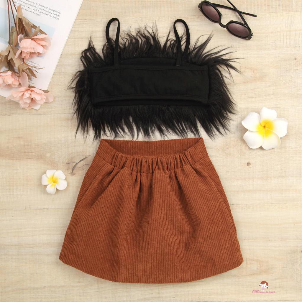 Set Áo Hai Dây Màu Trơn Họa Tiết Lông Vũ + Chân Váy Chữ A Lưng Cao Cài Nút Thời Trang Mùa Hè Cho Bé Gái