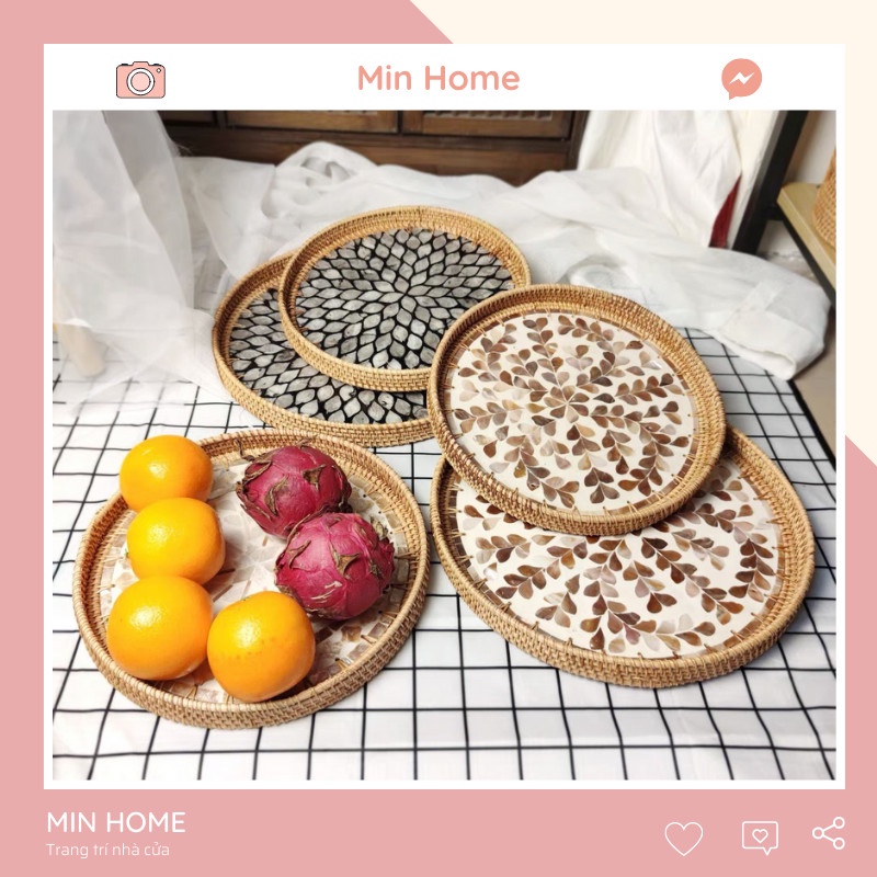Khay mây tre đan khảm trai hình tròn cao cấp, đựng đồ đa năng hàng thủ công xuất khẩu Decor trang trí nhà Minhome