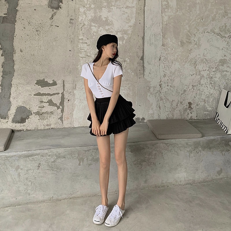 Chân váy nữ, chân váy tầng xếp ly bồng 2 màu trắng đen freesize 45-48kg SKUCV-09A  1990clother