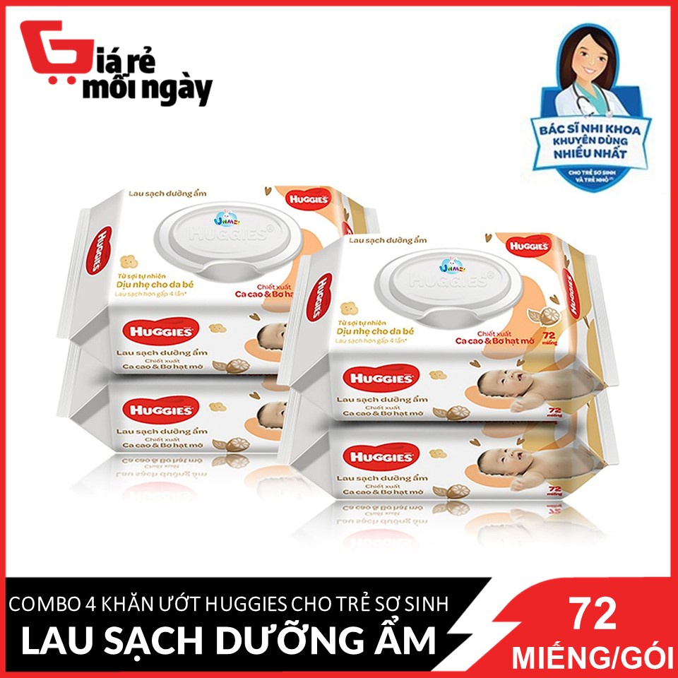 Combo 4 gói Khăn ướt Huggies [Nâu] dịu nhẹ cho trẻ sơ sinh chiết xuất Cacao và Bơ hạt mỡ 72 miếng/gói X4