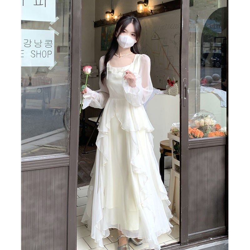 Đầm Chiffon Cổ Vuông Tay Dài Phong Cách Pháp Thời Trang Mùa Hè 2022 Mới Cho Nữ