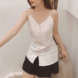 Áo Linen 2 dây đính nút màu trắng và be - Hàng thiết kế - Chuẩn form