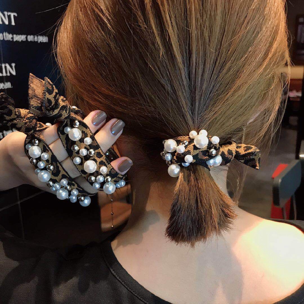 Chun buộc tóc vải phối hạt nhựa nhiều màu xinh xắn cho nữ