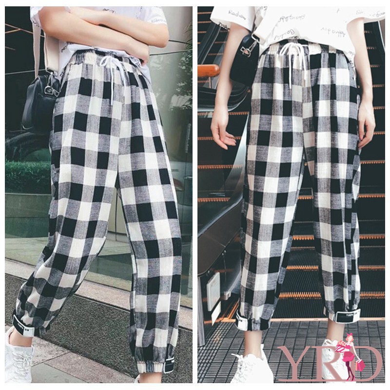 Quần dài dây rút họa tiết ca rô trắng đen thời trang cho nữ | BigBuy360 - bigbuy360.vn