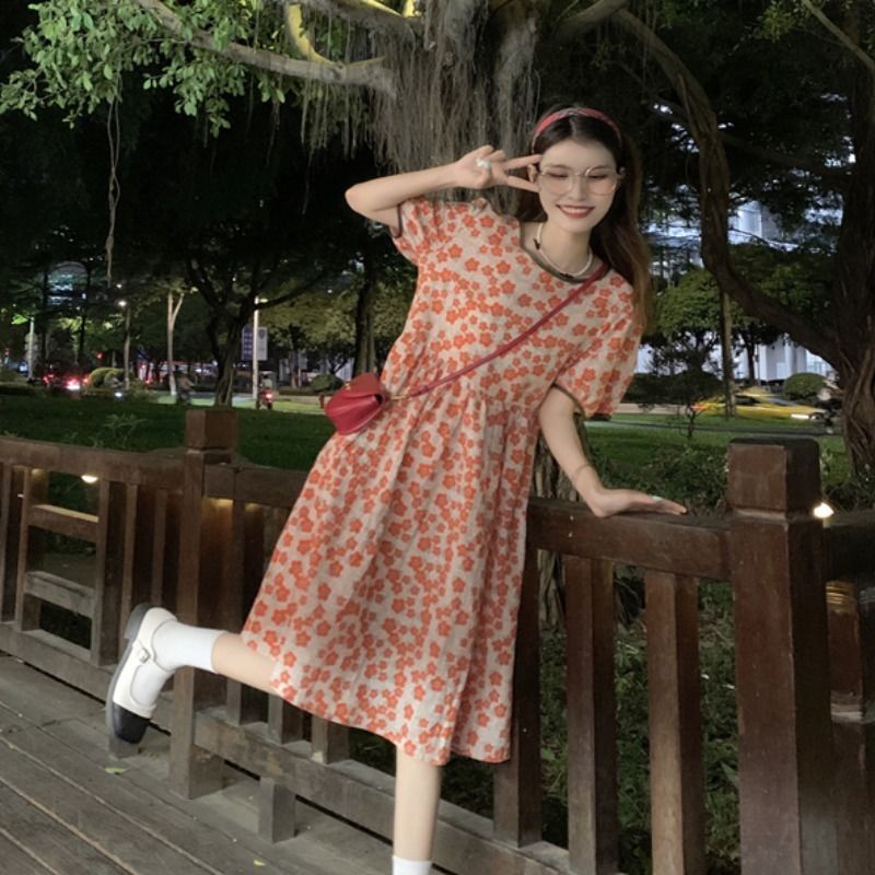 Đầm hoa cổ tròn tay phồng thắt dây phong cách cổ điển thời trang dành cho nữ