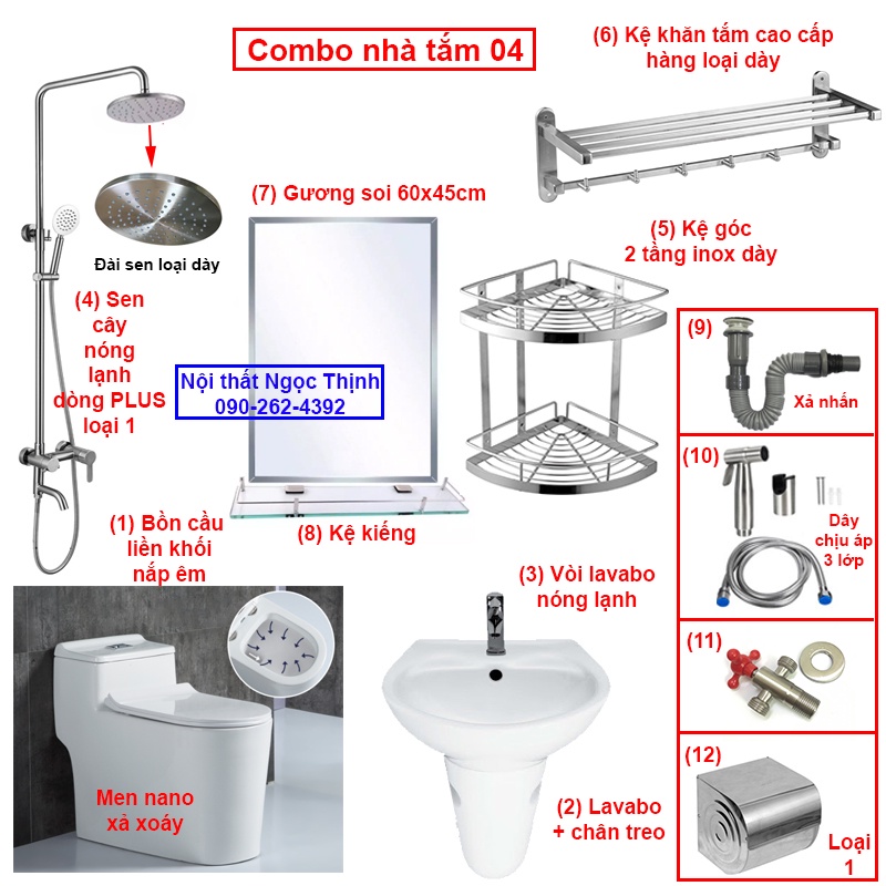 Combo trọn bộ thiết bị nhà tắm cao cấp đầy đủ lắp sử dụng ngay - Bồn cầu men nano cao cấp, kèm sen vòi nóng lạnh