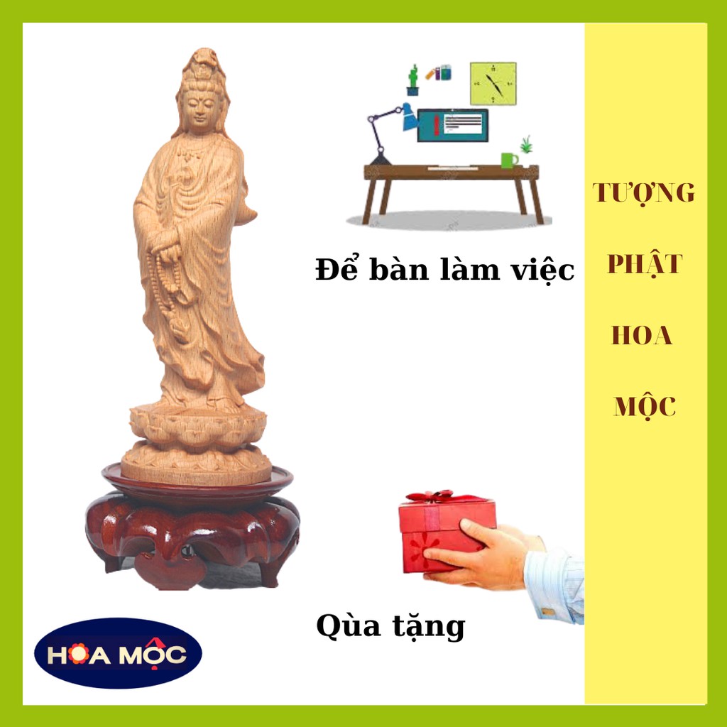 TƯỢNG PHẬT QUAN ÂM ĐỂ XE HƠI BẰNG GỖ[HOA MỘC]BẰNG GỖ, CAO 15cm x 5cm [FREE SHIP]TƯỢNG ĐỂ BÀN HỌC, BÀN LÀM VIỆC, QUÀ TẶNG