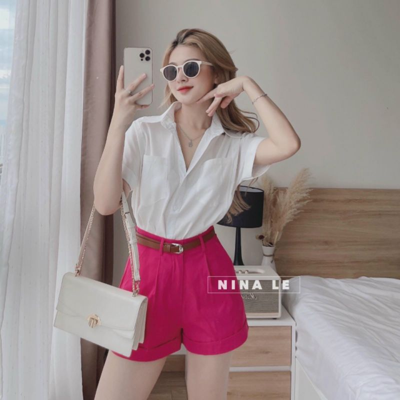 Sét bộ áo sơ mi tay ngắn fom cánh dơi cổ bẻ nút cài kèm quần đùi trắng có túi sau bọc thun với nhiều màu cưc đẹp