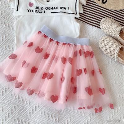 Bộ áo thun sát nách in hình trái tim + chân váy lưới xòe đáng yêu cho bé gái