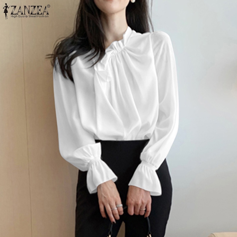 Áo Zanzea kiểu tay dài loe thắt dây màu trơn phong cách Hàn Quốc dành cho nữ