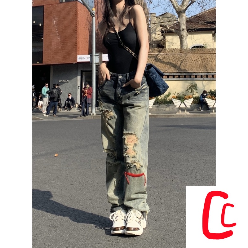 Quần Jeans Dài Rách Gối Phong Cách Hip Hop Thời Trang Mới Cho Nữ