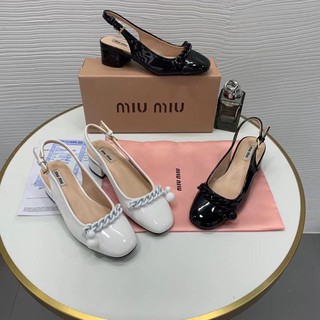 Sandal miu miu viền xích da bóng gót vuông fullbox