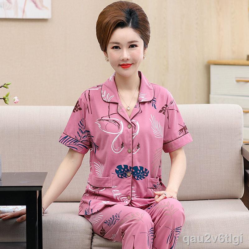 Quần dài ngắn tay nữ pijama cotton Trung Quốc cỡ lớn size mỏng phù hợp với người niên và già Dịch vụ tại nhàB