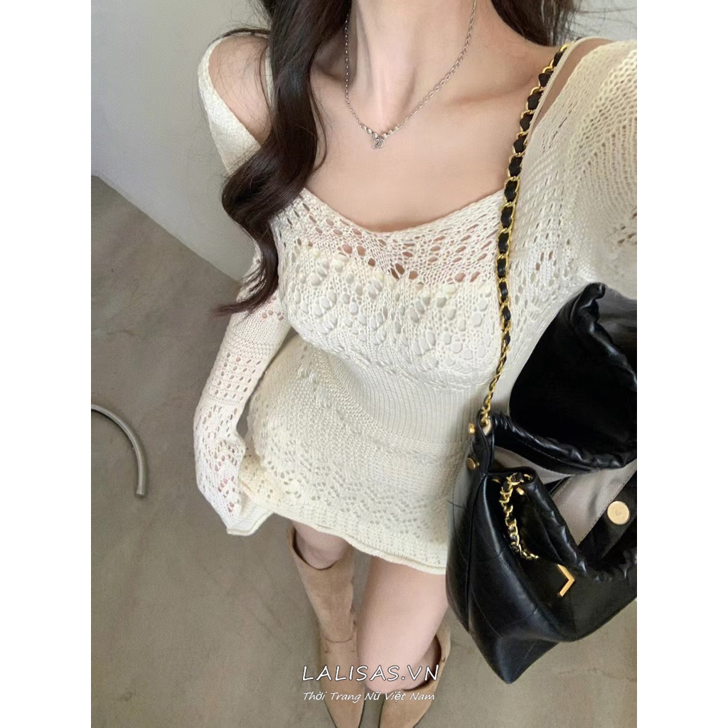 LALISAS Đầm Dệt Kim Mỏng Hở Eo Thời Trang Hàn Quốc Cho Nữ