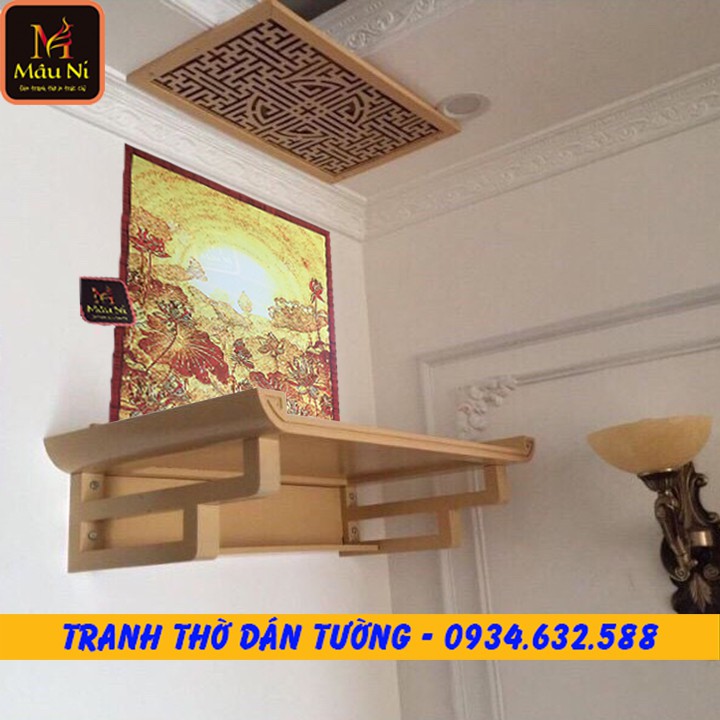 [ tranh sen dán vách  ban thờ] TRANH THỜ DÁN TƯỜNG trúc chỉ in MÂU NI 81cm x 61 cm - sen vàng