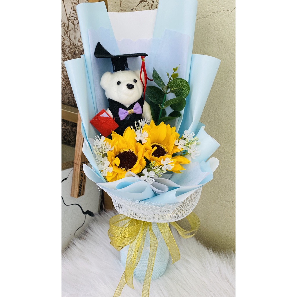 Bó hoa  2 bông hướng dương sáp & gấu tặng quà lễ tốt nghiệp 👩‍🎓