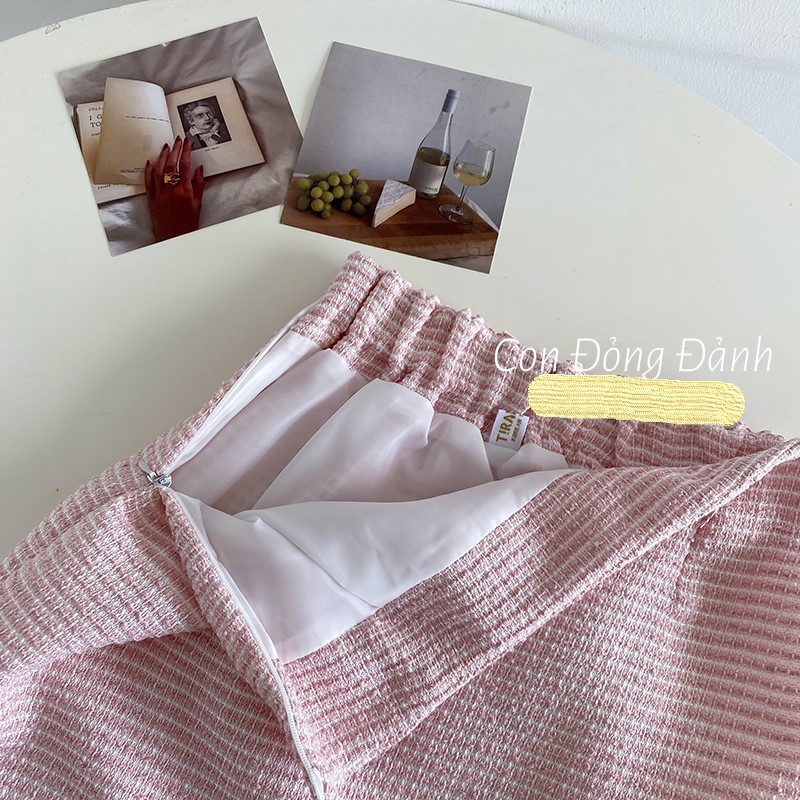 Set áo váy dạ tweed màu hồng cạp chun có ảnh thật AC010