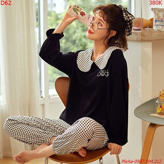 Bộ mặc nhà dài tay cổ lá sen kẻ caro đen trắng - Micha D62
