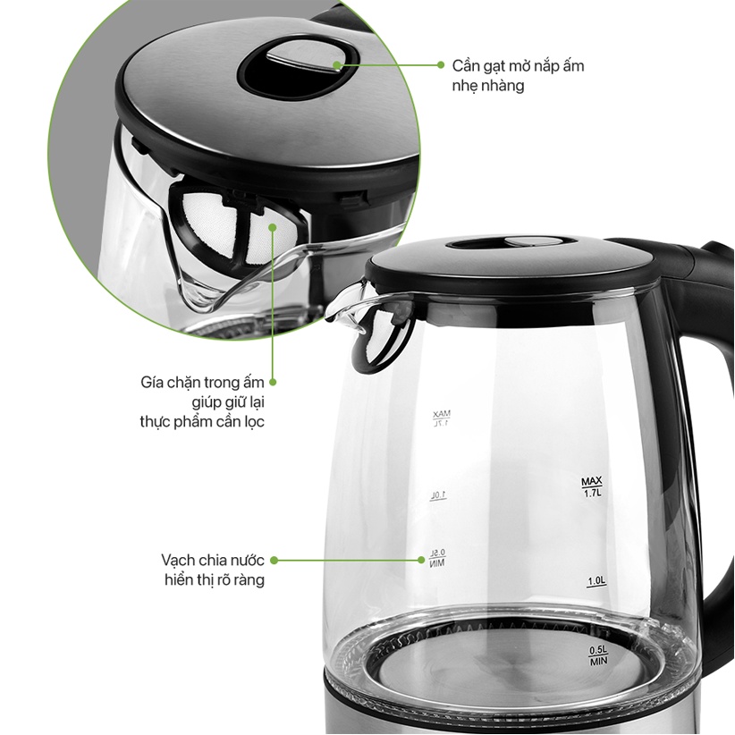 Ấm đun nước thủy tinh siêu tốc 1.7 Lít Smartcook  ICS-3859 - Hàng chính hãng