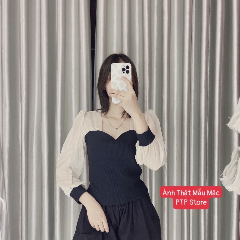 [Siêu Hot] Áo Len Tăm Cổ Vuông Phối Tay Phồng, Áo Kiểu Phối Tay Voan Siêu Xinh Có Ảnh Thật Kèm Video