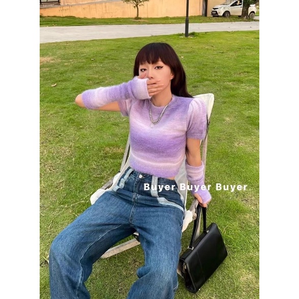 set áo len dệt kim loang màu kèm găng tay xỏ ngón (1607#)