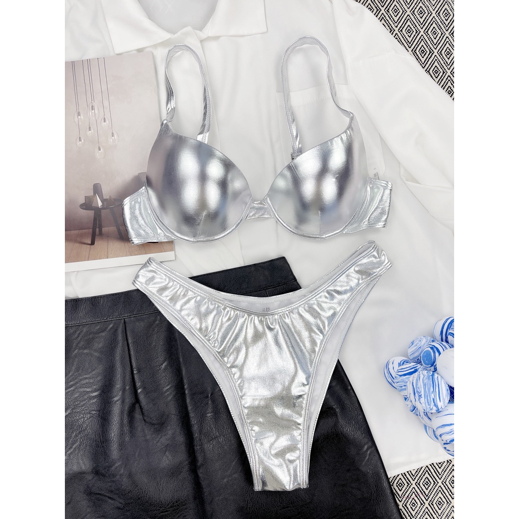Bộ Đồ Bơi Bikini Giả Da Có Gọng Nâng Ngực Màu Bạc Cho Nữ