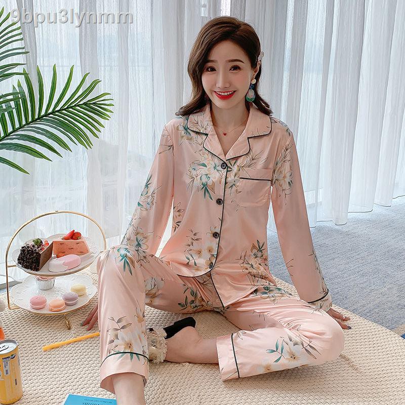 Đồ bộ/ Đồ mặc nhàpyjama nữ mùa xuân và thu hè dài tay lụa băng quần áo ở nhà mỏng mô phỏng bộ đồ của mẹ