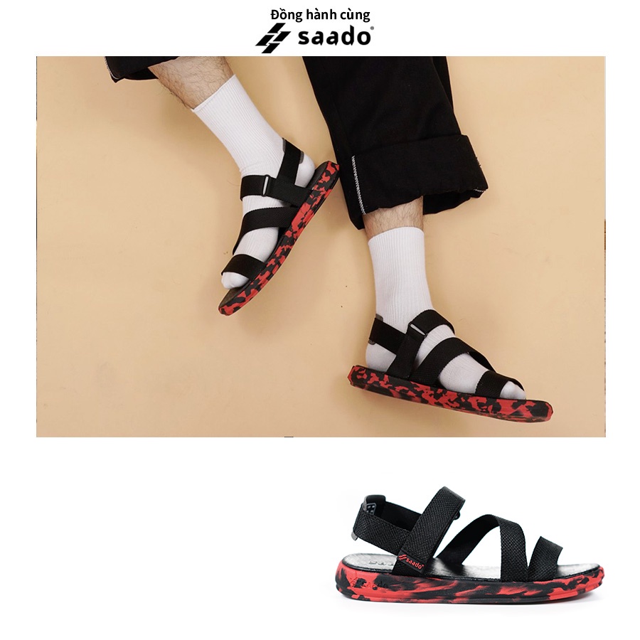 Sandal Saado nam nữ chính hãng CL09 màu đen đỏ Chiến Binh Da Đỏ đế rằn ri, Dép quai sau đế bằng nhẹ bền, không hôi chân
