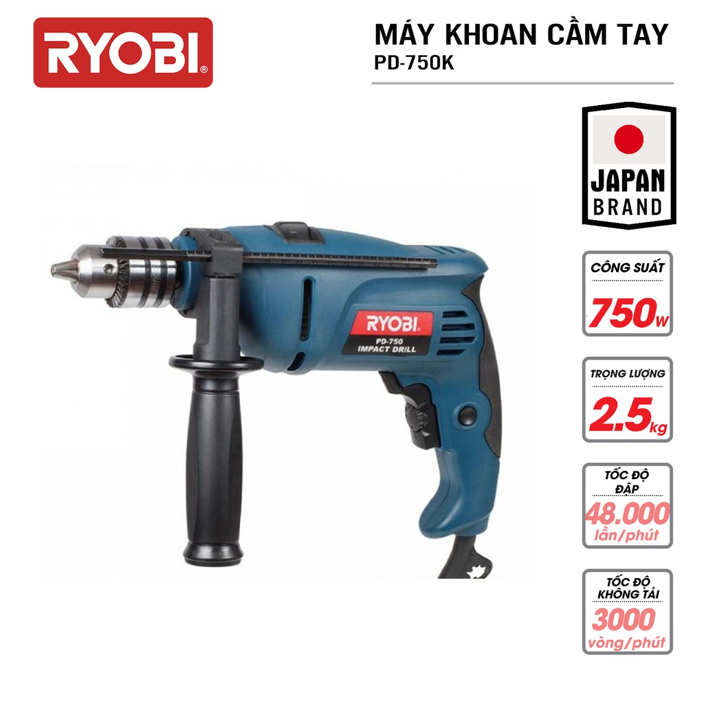 Bộ máy khoan cầm tay đa năng điện 750W RYOBI (KYOCERA) - PD-750K (Kèm 77 linh kiện)