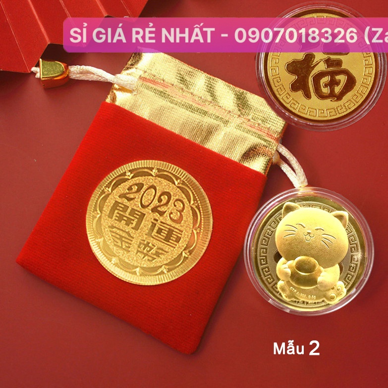 Combo 10 Xu con mèo vàng + túi gấm 2023 làm quà tặng, đồng nghiệp khách hàng Tết Quý Mão - Mẫu 2