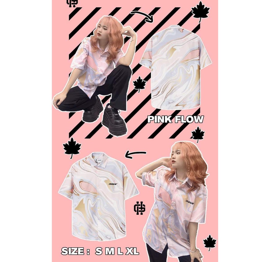 [CLIP THẬT] Áo sơ mi tay ngắn họa tiết PINK FLOW HUGU tay lỡ, FORM UNISEX | BigBuy360 - bigbuy360.vn