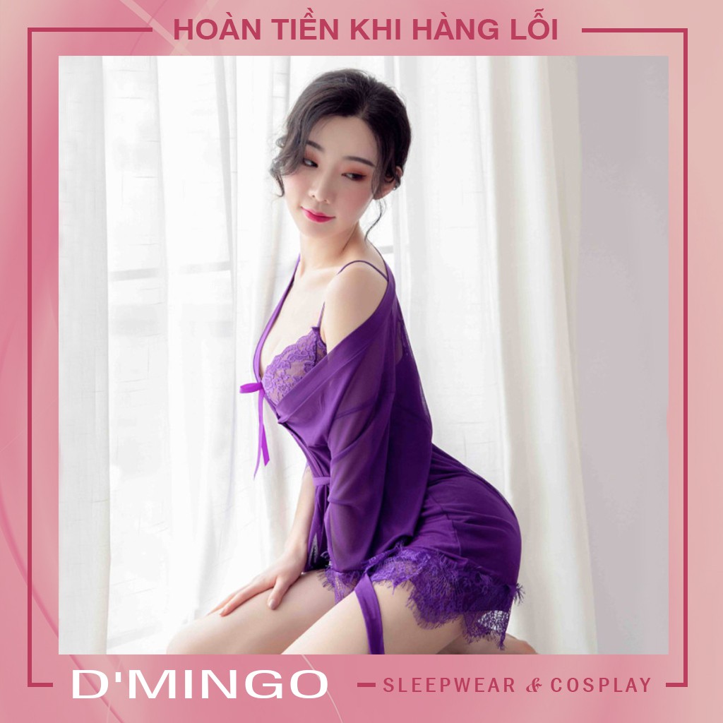 Váy ngủ sexy - Đầm ngủ sexy ren voan mỏng có kèm áo choàng thắt dây ( tặng quần lót sexy đi kèm)  - VN02
