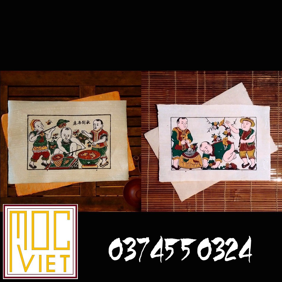 Cặp Tranh Đông Hồ - Chơi cá - Chơi chim