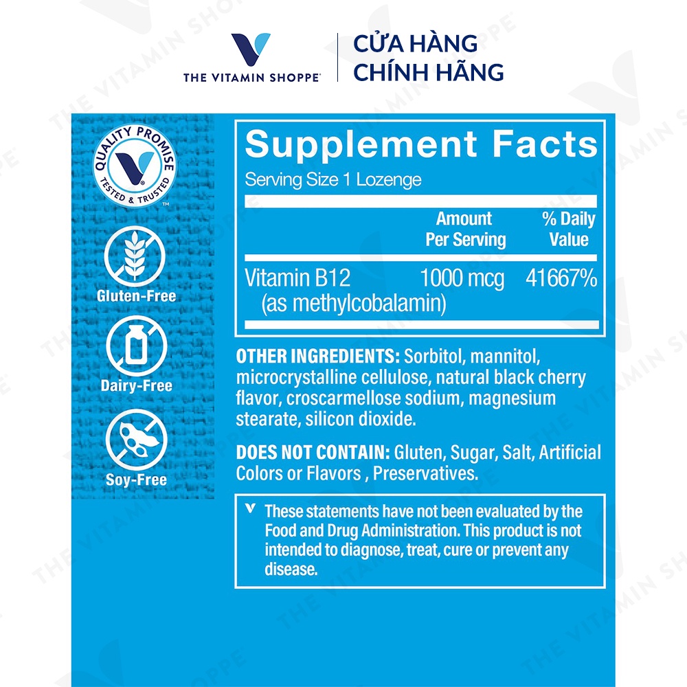 Viên ngậm hỗ trợ tạo máu và hệ thần kinh THE VITAMIN SHOPPE B12 Methylcobalamin 1000 MCG 60 viên