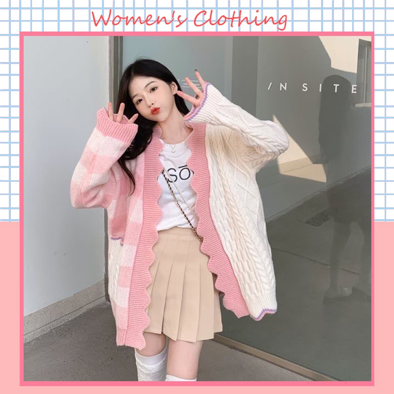 Áo Khoác Len Cardigan Phối Ren Dáng Suông Màu Hồng Cho Nữ