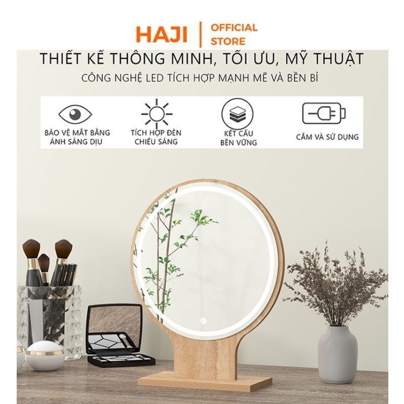 Gương tròn để bàn HAJI viền led cảm ứng điều chỉnh độ sáng thông minh A214