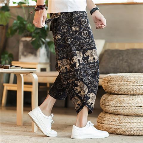 Quần Dài Vải Lanh Ống Rộng Họa Tiết Sọc Caro Phối Dây Rút Thời Trang Cho Nam