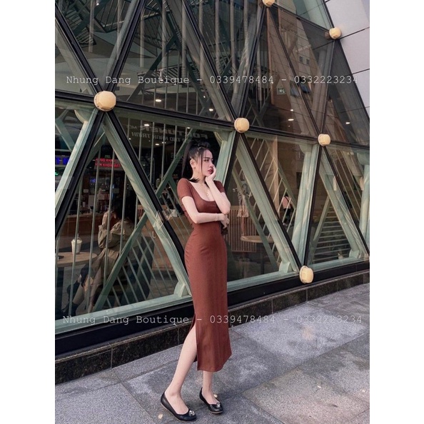 Đầm body cổ U dáng dài xẻ tà siêu tây, đầm cổ U tay ngắn, đầm body midi xoắn sau